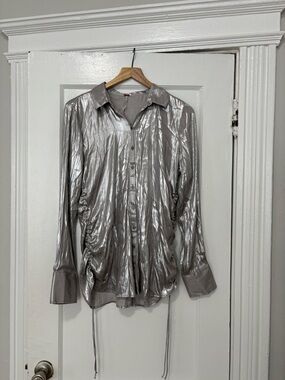 Free People Shimmering Silver Button-Down Blouse